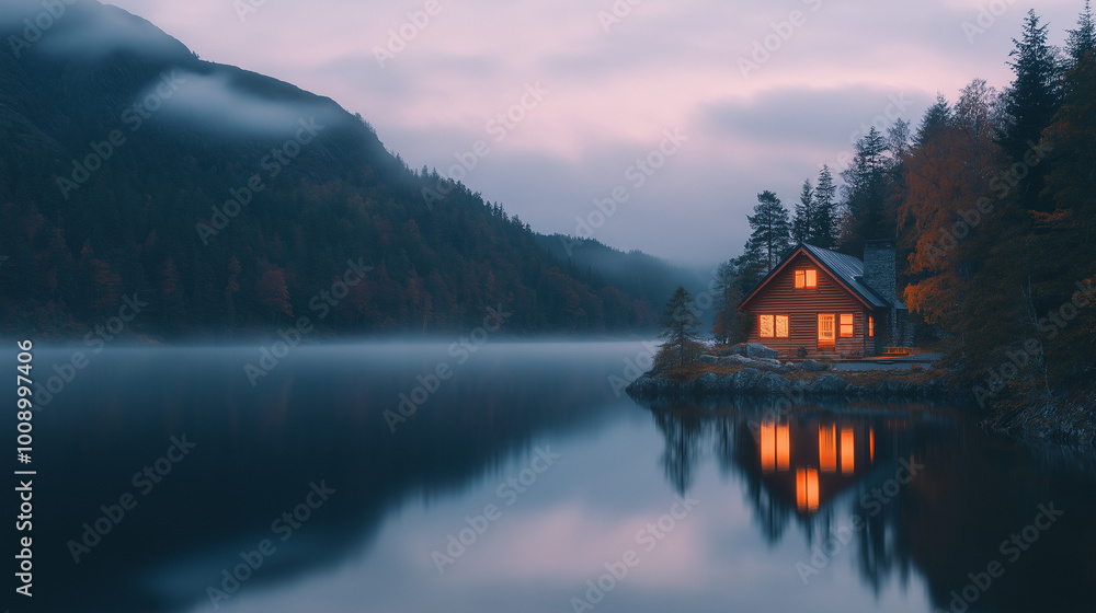 Fototapeta premium A cozy stone cottage by a serene lake at sunrise