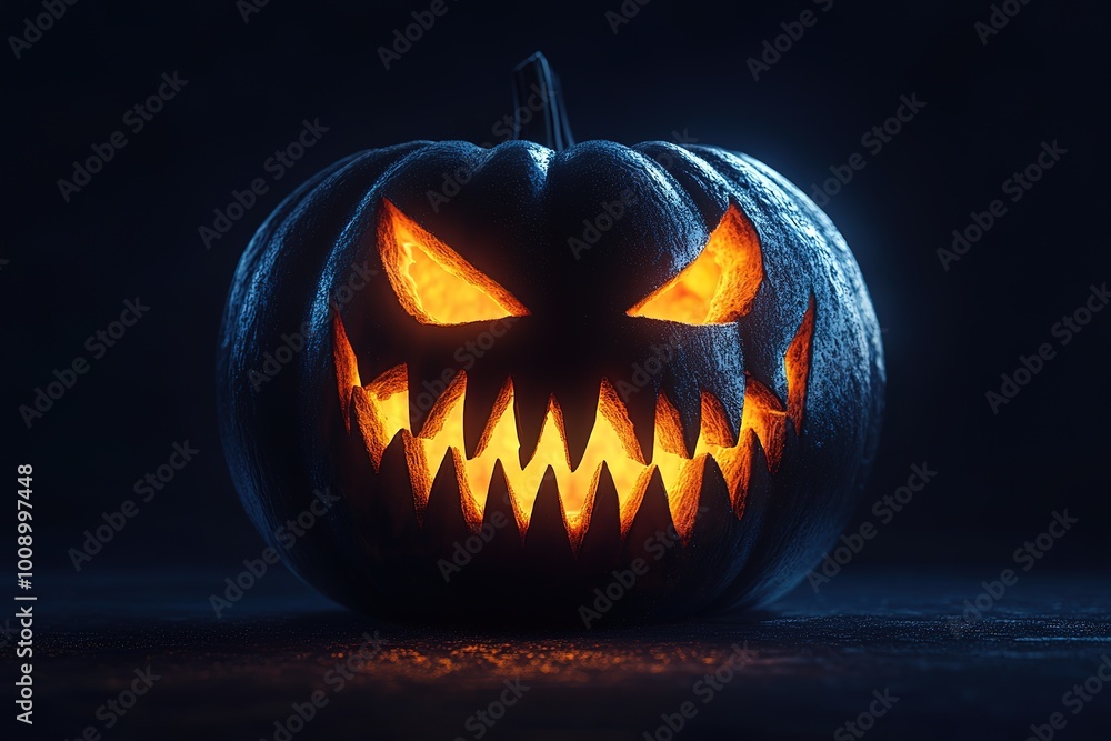 Jack o Lantern isolated on a black background with light inside.
Jack o Lantern isolated on a black background with light inside.