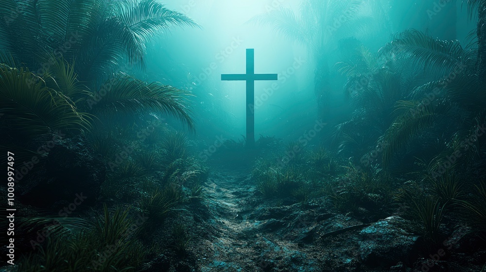Cross in a Mystical Foggy Forest Cross in a Mystical Foggy Forest