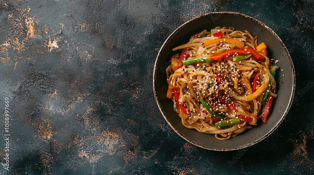 Flat lay of Korean japchae stir-fried noodles with vegetables, with space for text Flat lay of Korean japchae stir-fried noodles with vegetables, with space for text