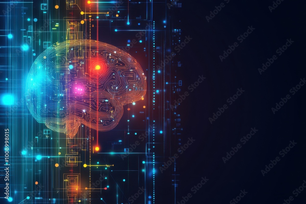 Fototapeta premium Human brain activity with plexus lines.. External cerebral connections in the frontal lobe. Communication, psychology, artificial intelligence or AI, cognition concepts illustration with copy space.
