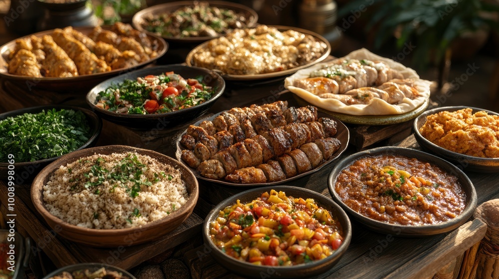 Diverse Middle Eastern Cuisine Feast on Rustic Table Diverse Middle Eastern Cuisine Feast on Rustic Table