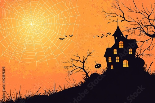 Background Spooky halloween theme orange sky with large cloudy full moon, big house, bat, gravestone, creepy tree and a copy space area. Suitable to use for Halloween celebration in October.
 photo