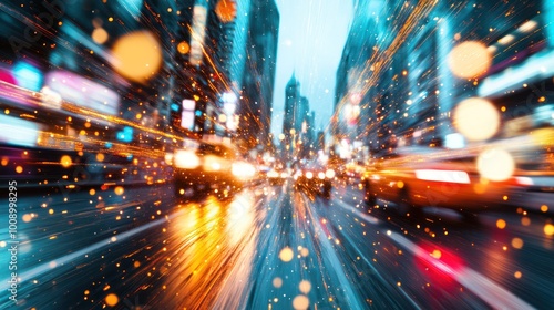 Dynamic blurred motion glitch effect of urban street with neon lights and traffic at night. Fast-paced city life concept