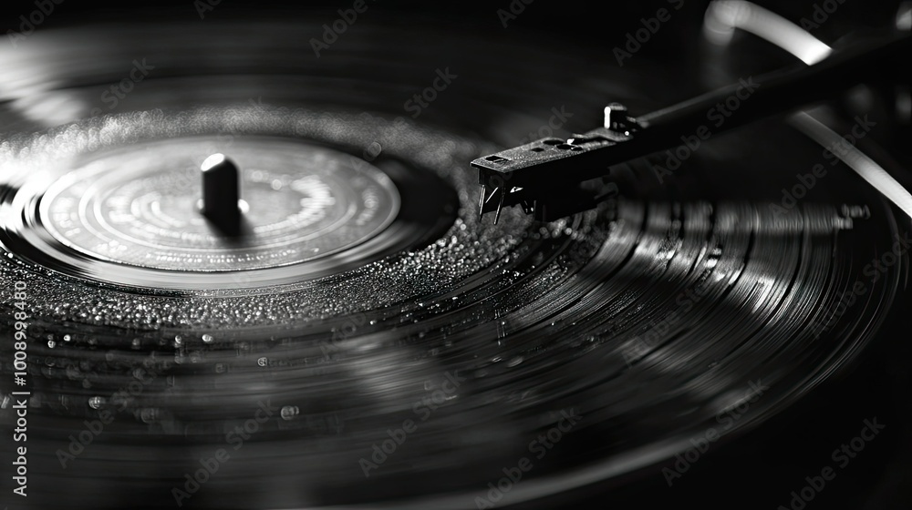 A close-up of the needle touching the spinning vinyl record on a gramophone, with the textured details of the record clearly visible. A close-up of the needle touching the spinning vinyl record on a gramophone, with the textured details of the record clearly visible.