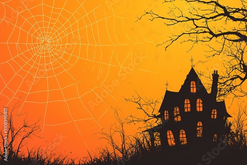 Background Spooky halloween theme orange sky with large cloudy full moon, big house, bat, gravestone, creepy tree and a copy space area. Suitable to use for Halloween celebration in October.
 photo