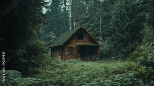 Quaint wooden cabin in the middle of a dense forest