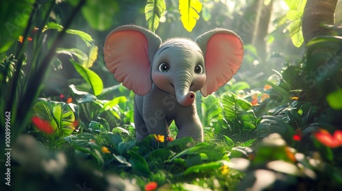 Fototapeta Naklejka Na Ścianę i Meble -  A cute little baby elephant with big ears and wide eyes exploring a lush and colorful forest with joy and excitement, beautiful scenic view, professional animal photography