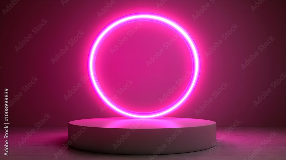 Glowing Pink Neon Light Ring on White Platform Glowing Pink Neon Light Ring on White Platform