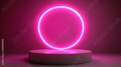 Glowing Pink Neon Light Ring on White Platform