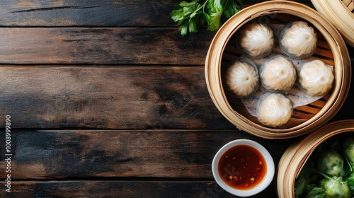 Top view of dim sum in bamboo steamers with dipping sauce on the side, ample space for copy