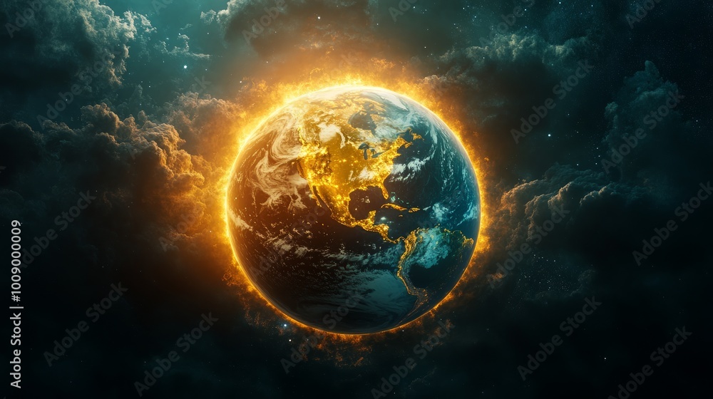 A fiery globe engulfed in flames with dark clouds in the background, representing the destruction of the planet. A fiery globe engulfed in flames with dark clouds in the background, representing the destruction of the planet.