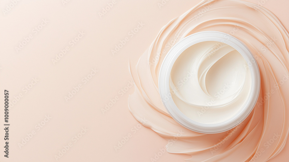 Close-up of creamy texture inside an open skincare product jar, smooth and luxurious, minimal clean tone background Close-up of creamy texture inside an open skincare product jar, smooth and luxurious, minimal clean tone background