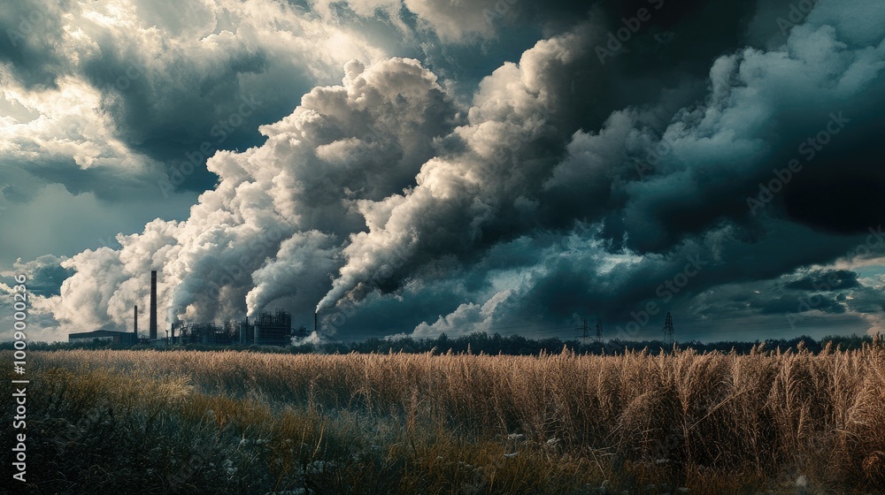 A factory releasing thick clouds of smoke into the sky, with dark storm clouds forming above, symbolizing air pollution and climate change. A factory releasing thick clouds of smoke into the sky, with dark storm clouds forming above, symbolizing air pollution and climate change.
