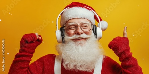 Nightclub invite on christmas party celebration funky crazy santa claus dj in white headset sing song sound melody listen music dance wear stylish x-mas hat suspenders isolated yellow color background photo