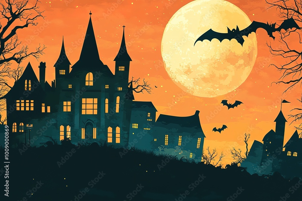 Halloween background with the frightening bewitched house and various silhouettes of flying bats against a full moon
Halloween background with the frightening bewitched house and various silhouettes of flying bats against a full moon