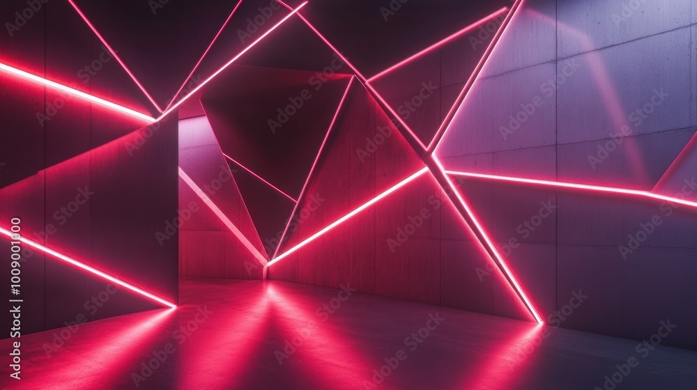 Pink Neon Lights Illuminating Geometric Concrete Walls Pink Neon Lights Illuminating Geometric Concrete Walls