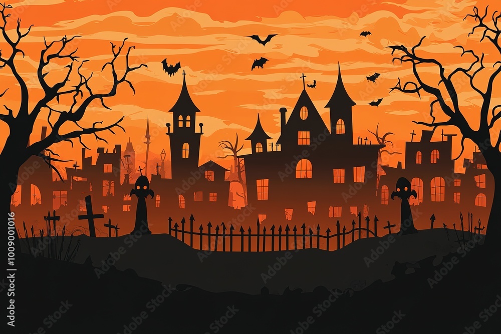 Halloween background with the frightening bewitched house and various silhouettes of flying bats against a full moon
Halloween background with the frightening bewitched house and various silhouettes of flying bats against a full moon