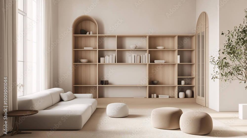 Scandinavian-inspired minimalist living room with built-in shelving, light wood accents, and soft neutral tones, capturing simplicity and elegance Scandinavian-inspired minimalist living room with built-in shelving, light wood accents, and soft neutral tones, capturing simplicity and elegance