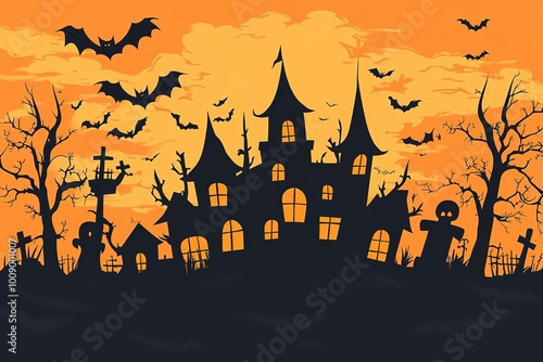 Halloween background with the frightening bewitched house and various silhouettes of flying bats against a full moon
