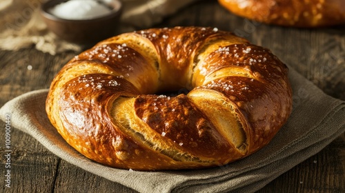 A freshly baked pretzel with a crispy exterior and soft interior, placed on a rustic cloth napkin, with a bowl of sea salt in the background.