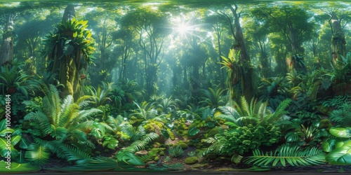 An immersive 360-degree panorama of an exoplanetary forest, with towering trees and lush vegetation stretching as far as photo