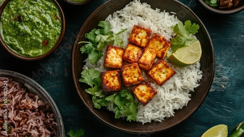 Wallpaper Mural Top view of Indian tandoori paneer with rice and chutney, leaving room for copy Torontodigital.ca
