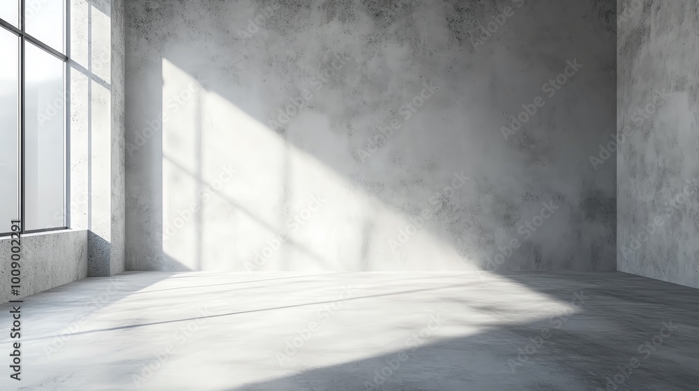 A modern, minimalistic room featuring concrete walls and large windows, casting beautiful shadows and light patterns. A modern, minimalistic room featuring concrete walls and large windows, casting beautiful shadows and light patterns.
