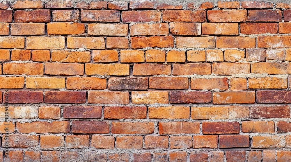 Obraz premium A rustic brick wall showcasing a mix of orange and red tones, perfect for backgrounds and architectural design.