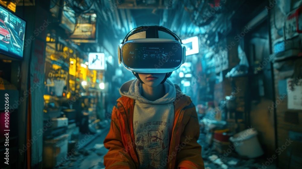 Young Person Wearing a VR Headset in a Futuristic Urban Setting Young Person Wearing a VR Headset in a Futuristic Urban Setting