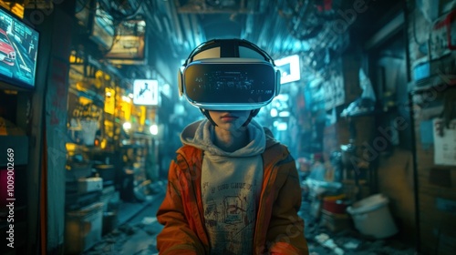 Young Person Wearing a VR Headset in a Futuristic Urban Setting