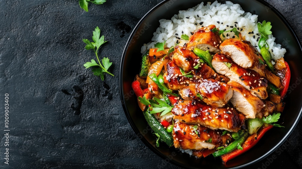 Top view of Japanese teriyaki chicken with rice and vegetables, space for copy Top view of Japanese teriyaki chicken with rice and vegetables, space for copy