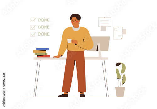 Businessman successfully completed the project. Employee done to do list and has a coffee break.Good time management, productive work, self-organization. Vector illustration 