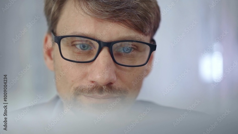 Businessman with glasses looking intently obscured partially by a translucent surface of laptop. Business people concept Businessman with glasses looking intently obscured partially by a translucent surface of laptop. Business people concept