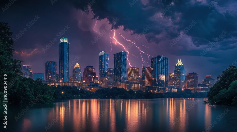 Lightning Strikes Over Austin Skyline Reflected In Lake Lightning Strikes Over Austin Skyline Reflected In Lake
