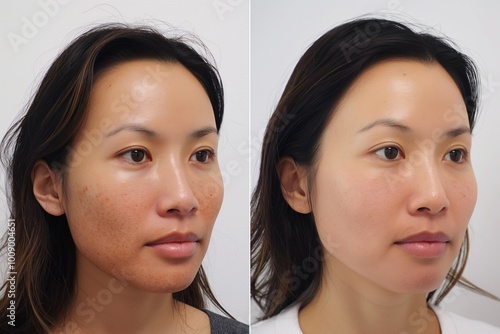 Asian woman skin transformation after melasma spot treatment. Dark patch pigmentation lightened, complexion improved. Clinic procedure results in glowing, even-toned skin. Skincare dermatology