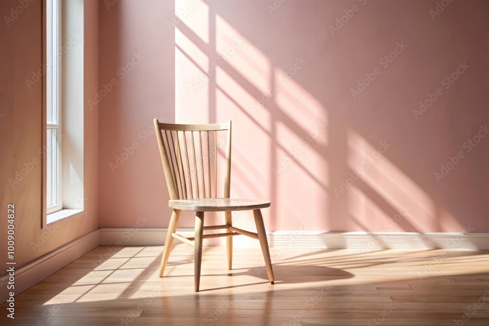 Wooden Chairs in a Sunlit Room with Pastel Pink Walls for Modern Interior Design Wooden Chairs in a Sunlit Room with Pastel Pink Walls for Modern Interior Design