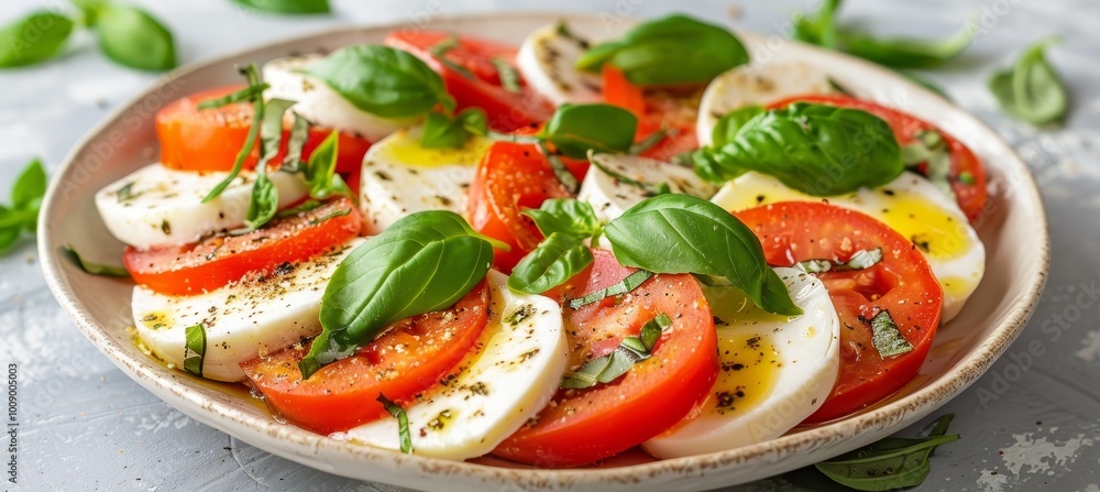 Fresh Caprese Salad with Tomatoes, Mozzarella, Basil Italian Cuisine Classic. Top View, Close-Up Fresh Caprese Salad with Tomatoes, Mozzarella, Basil Italian Cuisine Classic. Top View, Close-Up