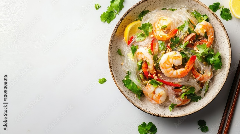 Top view of Thai glass noodle salad with shrimp and herbs, space for copy Top view of Thai glass noodle salad with shrimp and herbs, space for copy