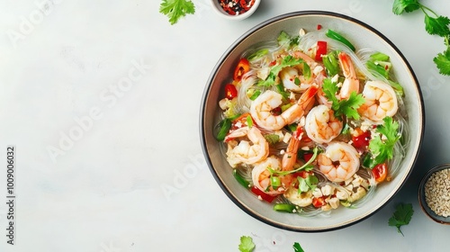 Top view of Thai glass noodle salad with shrimp and herbs, space for copy