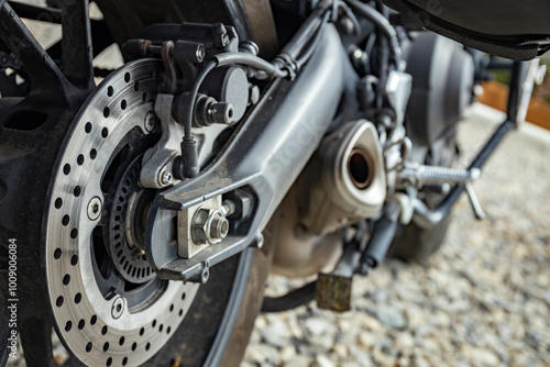 The rear of a motorcycle with chain drive to the rear wheel.