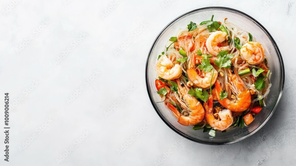 Top view of Thai glass noodle salad with shrimp and herbs, space for copy Top view of Thai glass noodle salad with shrimp and herbs, space for copy