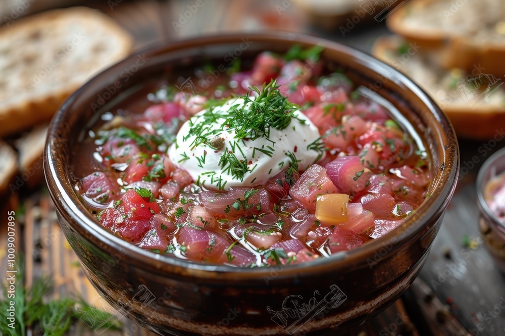 A bowl of traditional borscht, garnished with a dollop of sour cream and fresh dill, served with a side of rye bread A bowl of traditional borscht, garnished with a dollop of sour cream and fresh dill, served with a side of rye bread