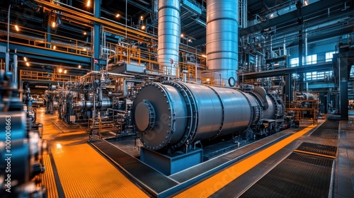 Expansive electrical energy plant with large turbines, cooling towers, and intricate piping systems, showcasing the scale of industrial power generation.