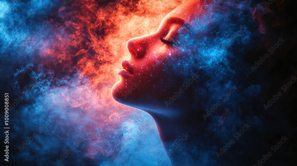 Woman in a Mystical Red and Blue Smoke Cloud Woman in a Mystical Red and Blue Smoke Cloud