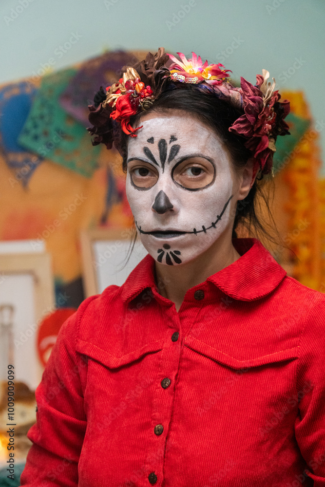 mother lights candles for day of the dead, mexican family, halloween holiday, day of the dead in mexico, skull, preparation for day of the dead holiday, masquerade, family decorates home altar for day mother lights candles for day of the dead, mexican family, halloween holiday, day of the dead in mexico, skull, preparation for day of the dead holiday, masquerade, family decorates home altar for day