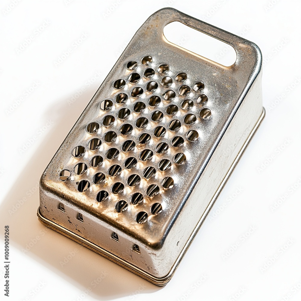 A metal cheese grater with multiple holes for shredding and grating food items. A metal cheese grater with multiple holes for shredding and grating food items.