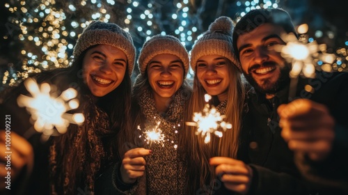 An outdoor celebration of New Year's Eve with friends, complete with sparklers, festive decorations, and twinkling lights, perfectly captures the essence of the occasion.