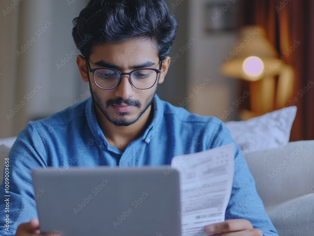 Studious Man Reading Document on Laptop Studious Man Reading Document on Laptop