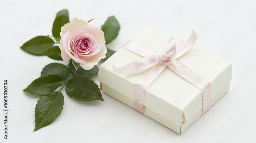 A small white box tied with ribbon and a single pink rose, isolated on white A small white box tied with ribbon and a single pink rose, isolated on white